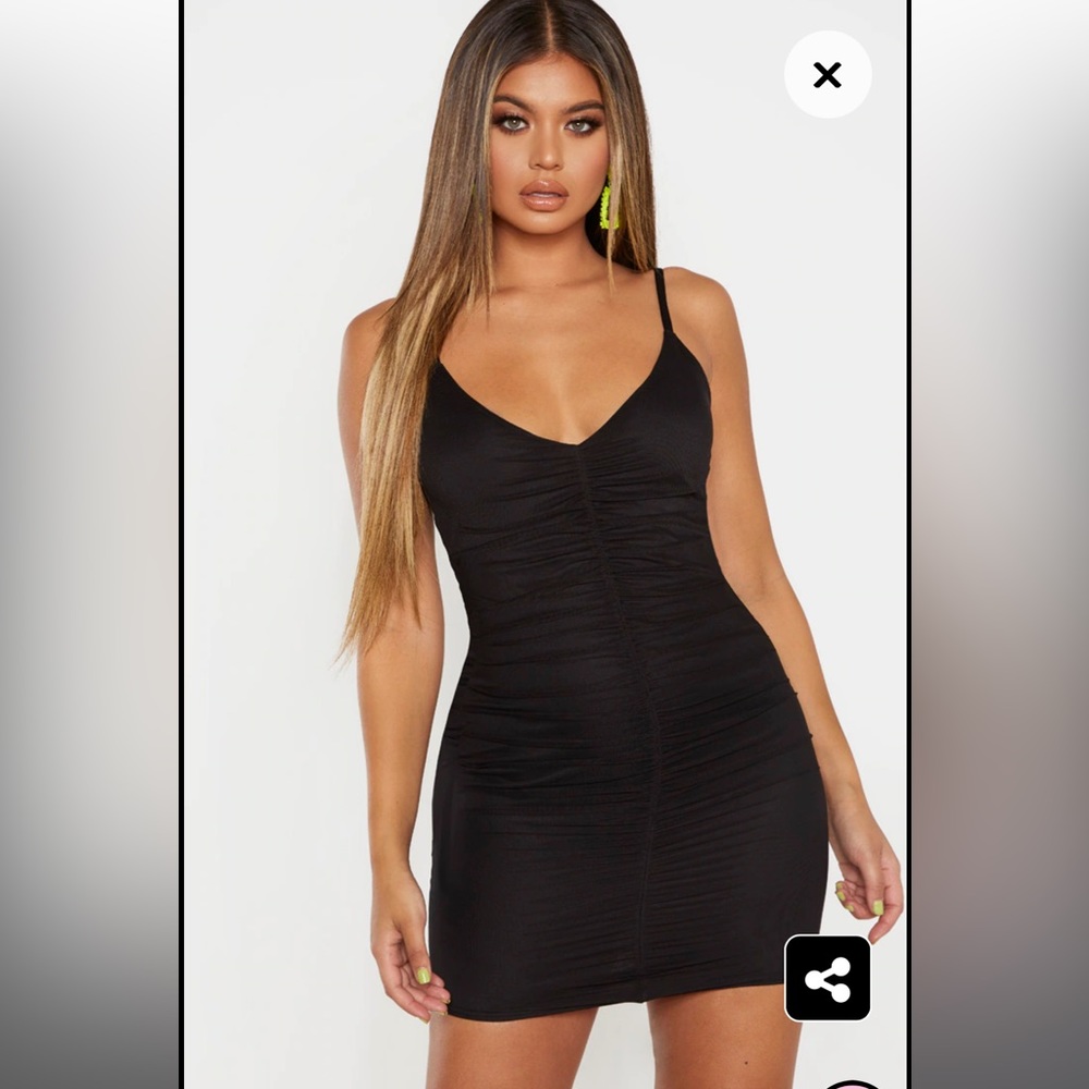NEW with tags - Black Strappy Mesh Ruched Front Bodycon Dress
